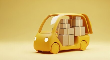 Adorable yellow delivery vehicle brimming with stacked cardboard packages