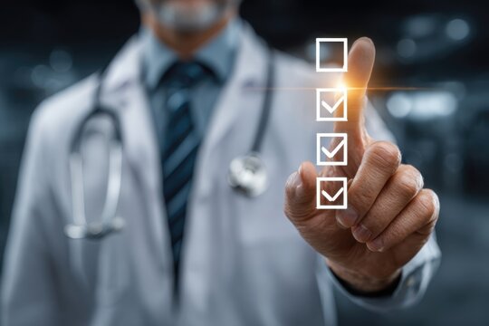 Doctor in white coat holds stethoscope with health icons displayed in a digital interface - Powered by Adobe