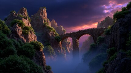 Ancient Stone Bridge Over Misty Gorge at Dramatic Sunset, Epic Mountain Landscape