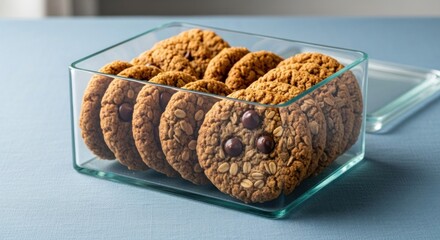 Clear glass container overflowing with golden baked oatmeal cookies