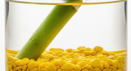 Green stalk submerged in clear water with yellow pebbles