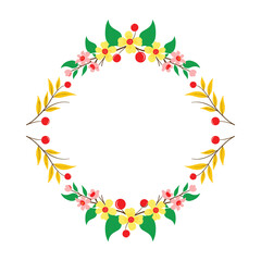 Obraz premium Decorative floral wreath with yellow flowers, pink blossoms, red berries, and green leaves on a white background.