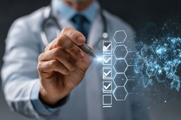 Doctor in white coat holds stethoscope with health icons displayed in a digital interface