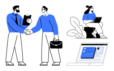 Professionals shaking hands, woman working on a laptop, and an open laptop screen with interface. Ideal for teamwork, communication, networking, remote work, collaboration, agreement simple flat