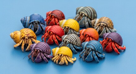 Many vibrant hermit crabs with vividly colored shells clustered on a blue background