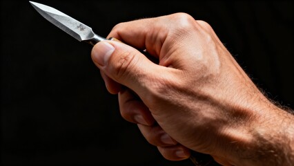 Close-up of hand holding sharp chisel on dark background