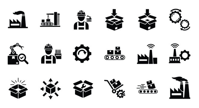 Industrial factory icons set for manufacturing logistics production processes and automation - Line and glyph icon and logo - Vector icon symbol for website - Icon vector