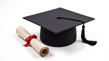 Celebrate academic achievement with a classic black graduation cap and a prestigious rolled diploma tied with a vibrant red ribbon