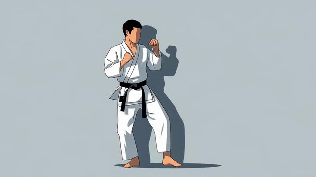 Vector Animation of a Male Karate Fighter in Combat Stance.