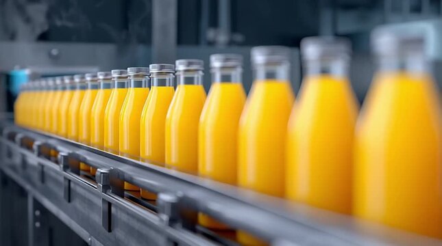 Bright orange juice bottles move along conveyor belt in modern beverage production plant showing automation, freshness and industrial efficiency