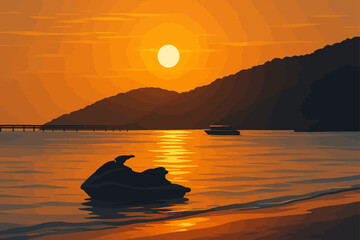 A breathtaking sunset over a tranquil beach casts warm orange and golden hues across the sky and calm ocean waters. A jet ski rests at the shoreline in the foreground, its silhouette reflecting softly