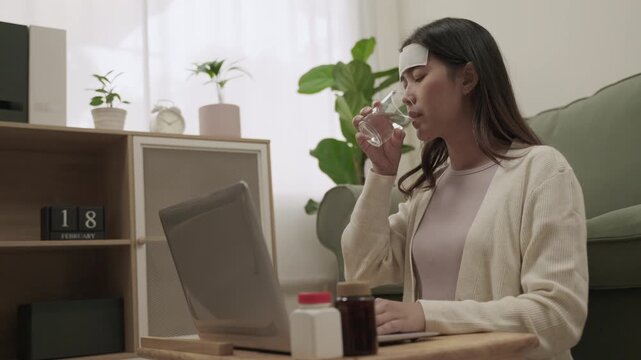 Working from home concept. Young Asian woman employee is symptoms sick and has a headache from the flu use fever cooling gel patch and sitting using laptop computer for working in living room at home.
