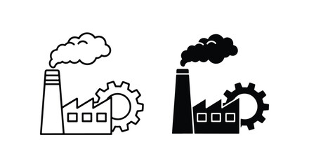 Industrial factory silhouette and outline icons with smoke and gear - Line and glyph icon and logo - Vector icon symbol for website - Icon vector