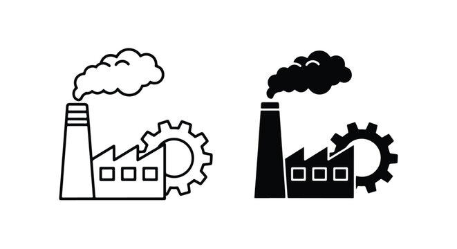 Industrial factory silhouette and outline icons with smoke and gear - Line and glyph icon and logo - Vector icon symbol for website - Icon vector