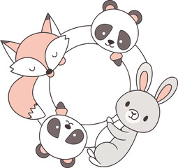 Cute fox panda rabbit animal circle frame border illustration vector design kawaii cartoon character adorable art vector illustration