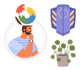 Naklejka premium Thoughtful man under puzzle circle, blue shield icon, and potted plant. Ideal for creativity, problem-solving, protection, growth, strategy mindfulness and innovation. Simple flat metaphor