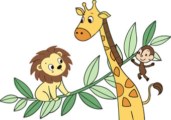 Cartoon giraffe lion monkey jungle animals wildlife safari illustration vector graphic design zoo animal art vector illustration