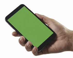 Hand holding modern smartphone with vibrant green screen ready for custom content creation and app integration