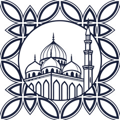Islamic mosque vector art design with floral border and minaret for ramadan kareem and eid mubarak design vector illustration