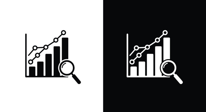 Data analysis magnifying glass and bar chart showing growth and trends - Line and glyph icon and logo - Vector icon symbol for website - Icon vector