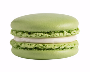 Delightful pistachio green macaron with creamy filling isolated on white, perfect for sweet treat promotions and bakery branding