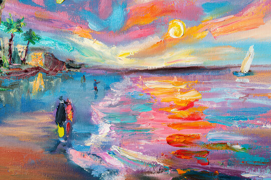 Tropical Beach Sunset with People, Oil Painting