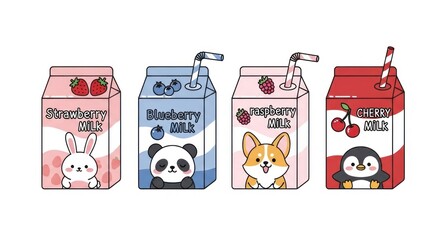 Cute cartoon fruit milk cartons with animals and straws