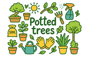 Whimsical Potted Trees. Potted trees. Hand-drawn doodle illustration of Potted trees. Bonsai pot, ficus tree,