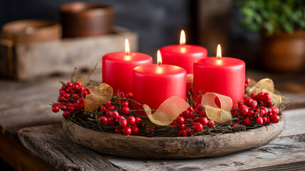 A red candle holder with four candles in it