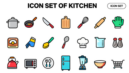 Icon Set of Kitchen — 20 Colorful Vector SVG Icons (Cooking Pot, Frying Pan, Knife, Cutting Board, Spatula, Whisk, Rolling Pin, Oven Mitt, Measuring Cup, Kettle, Toaster, Microwave, Refrigerator, Plat
