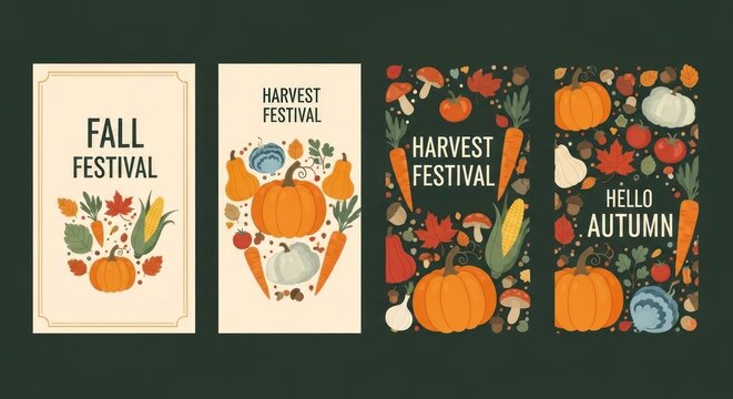 Autumn harvest festival design set with pumpkins, corn, leaves, and vegetables - Powered by Adobe