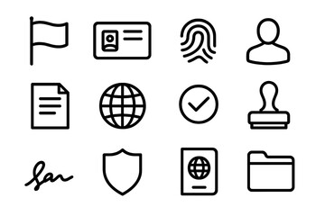 National Identity Icons. National identity. Line outline icon set of national identity: flag, ID card,