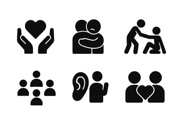 Emotional Support Icons. Emotional support. Filled icon set of emotional support: heart and hands, comforting