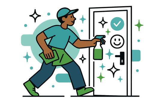 Office Cleaning Freshness. Office cleaning. A worker carrying spray and wipes approaches a door, ready to