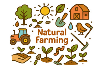 Fototapeta premium Natural Farming Doodle. Natural farming. Hand-drawn doodle illustration of natural farming. Tractor, tree,