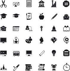 Education icon set with school tools, books, globes, ID cards, light bulbs, and creative symbols in clean black line style