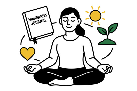 Inner Growth Symbols. Inner growth tools. Floating elements ? mindfulness journal, plant sprout, sun, and