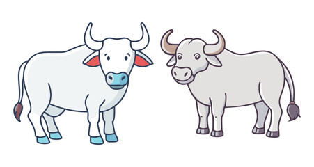 Two cartoon buffalo stand side by side with a friendly appearance