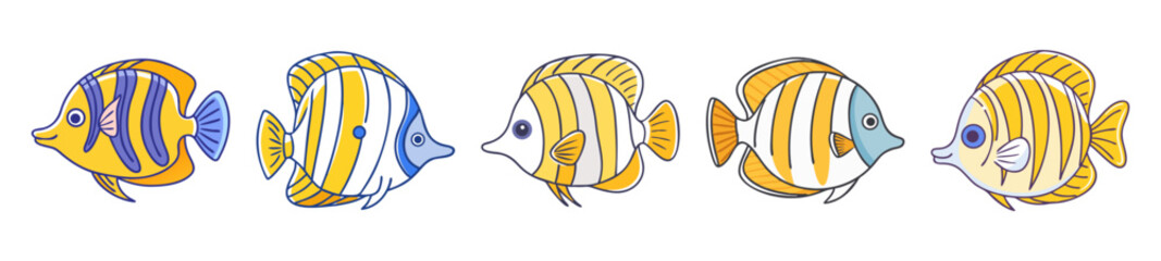 Five colorful butterflyfish swim gracefully in clear blue ocean water