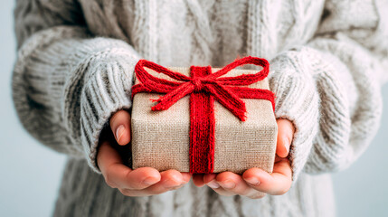 Christmas parcel wrapped in natural fabric with red ribbon, held by hands wearing cozy sweater, symbolizing holiday spirit and gift-giving joy during festive season