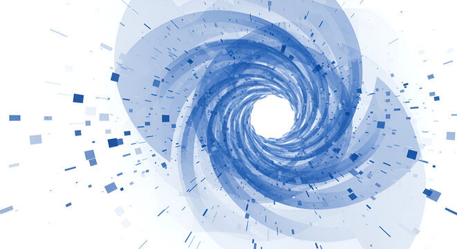 Dynamic blue vortex of abstract shapes and particles creates a sense of futuristic speed and digital motion, perfect for tech and innovation themes.