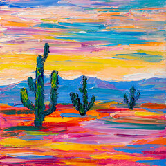 Desert landscape with cacti under colorful sky at sunset