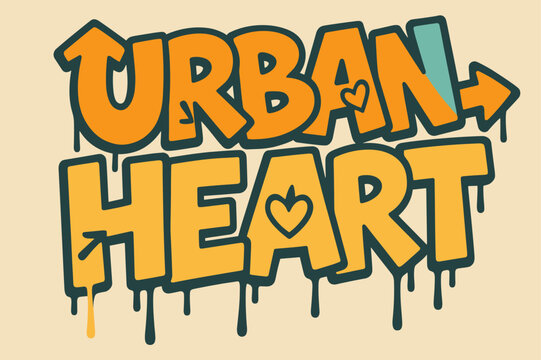 Dynamic Graffiti Art. Urban Heart ? Graffiti Simplified: chunky bubble letters with dripping edges; arrows and