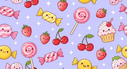 Kawaii sweets candies, lollipops, cupcakes, cherries & strawberries on lavender