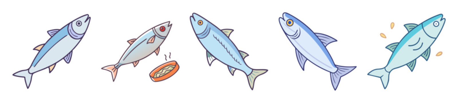 Colorful abstract watercolor paintings of five swimming herrings