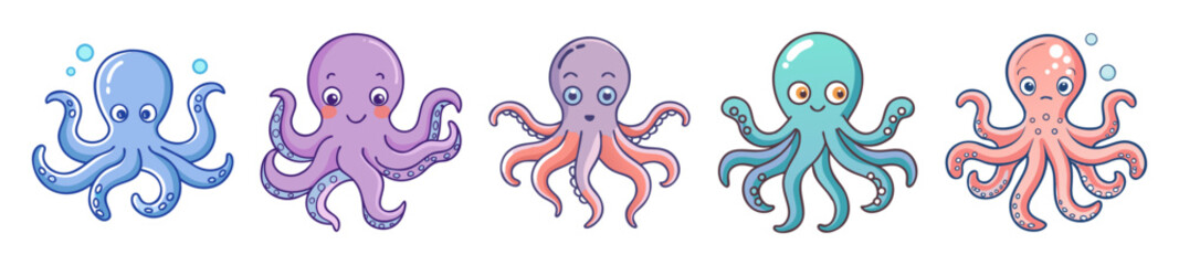 Cute pastel octopuses collection five adorable sea creatures diverse colors