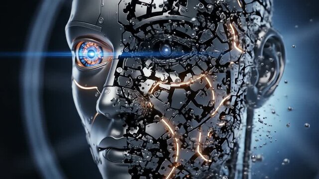 Futuristic robot face with glowing eye and cracked surface.