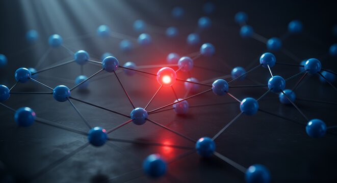 Stunning 3D render of a vibrant network structure with glowing red node, representing connectivity and data flow - Powered by Adobe