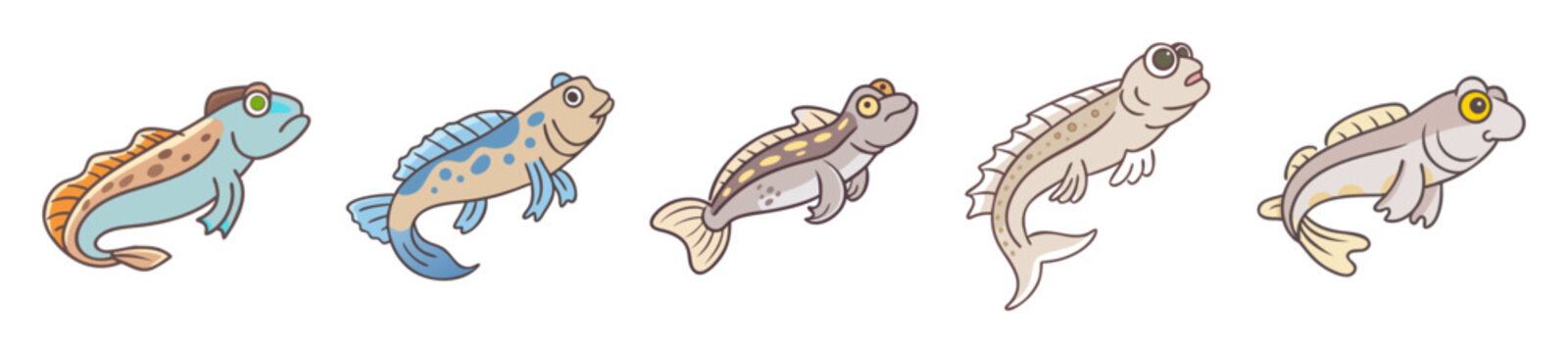 Five mudskipper fish in various poses and colorful accents
