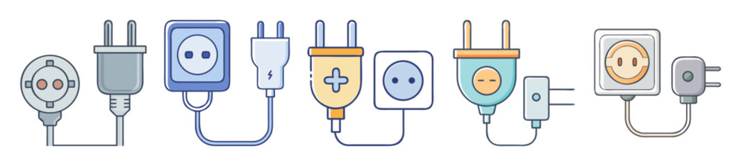 Cartoon plug and socket collection diverse electrical connection icons with faces